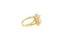 14KT Gold Ring Women's White Rectangle Center CZ Stone Double White Round CZ Stones Border Plain Split Band