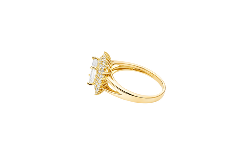 14KT Gold Ring Women's White Rectangle Center CZ Stone Double White Round CZ Stones Border Plain Split Band
