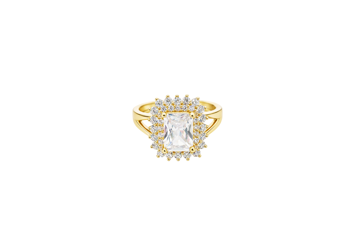 14KT Gold Ring Women's White Rectangle Center CZ Stone Double White Round CZ Stones Border Plain Split Band
