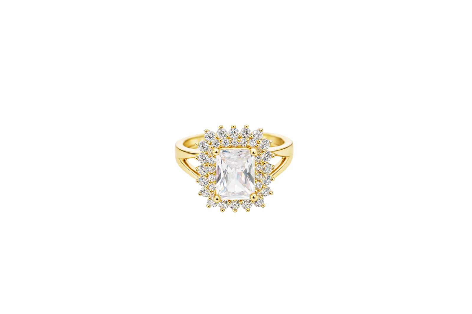 14KT Gold Ring Women's White Rectangle Center CZ Stone Double White Round CZ Stones Border Plain Split Band