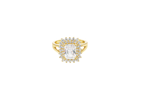 14KT Gold Ring Women's White Rectangle Center CZ Stone Double White Round CZ Stones Border Plain Split Band
