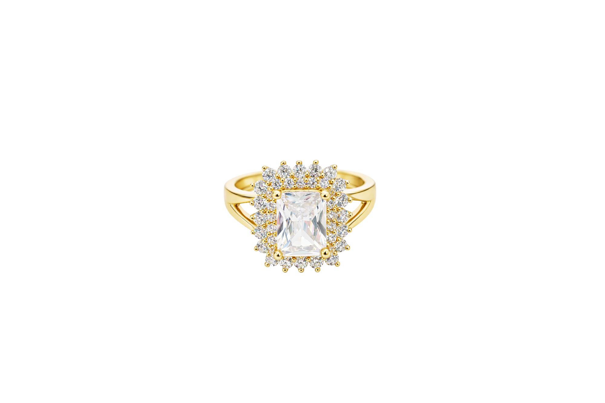 14KT Gold Ring Women's White Rectangle Center CZ Stone Double White Round CZ Stones Border Plain Split Band