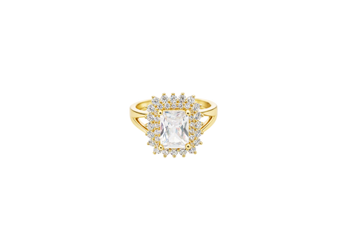 14KT Gold Ring Women's White Rectangle Center CZ Stone Double White Round CZ Stones Border Plain Split Band