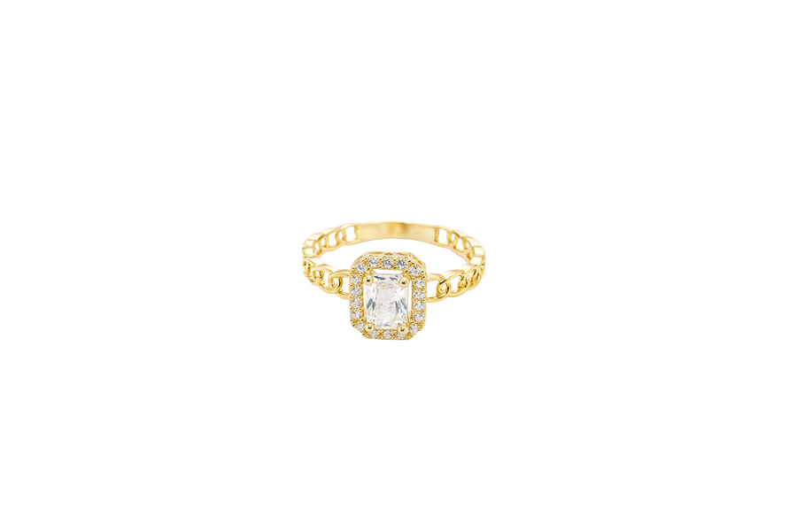 14KT Gold Ring Women's Rectangle White Center Stone with White CZ Stone Border Chino Band