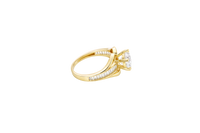 14KT Gold Ring Women's White Round 6 Prong Center CZ with White Baguette CZ Band and Plain Lips Border