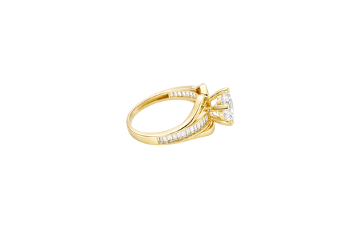 14KT Gold Ring Women's White Round 6 Prong Center CZ with White Baguette CZ Band and Plain Lips Border