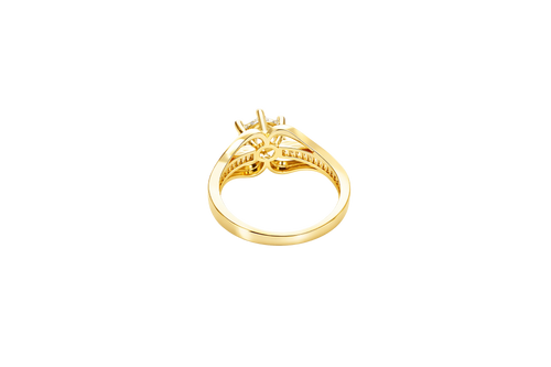 14KT Gold Ring Women's White Round 6 Prong Center CZ with White Baguette CZ Band and Plain Lips Border