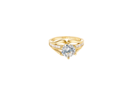 14KT Gold Ring Women's White Round 6 Prong Center CZ with White Baguette CZ Band and Plain Lips Border