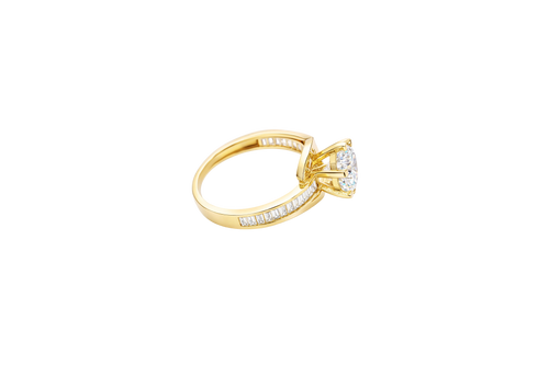 14KT Women's Gold Ring Round White CZ Center Stone and Single Row White CZ Baguettes with "S" Band