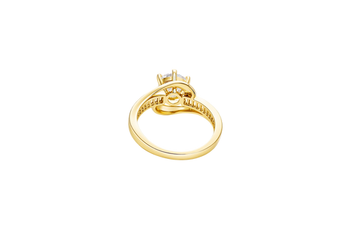 14KT Women's Gold Ring Round White CZ Center Stone and Single Row White CZ Baguettes with "S" Band