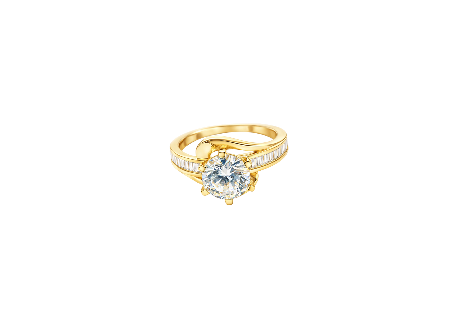 14KT Women's Gold Ring Round White CZ Center Stone and Single Row White CZ Baguettes with "S" Band