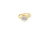 14KT Women's Gold Ring Round White CZ Center Stone and Single Row White CZ Baguettes with "S" Band