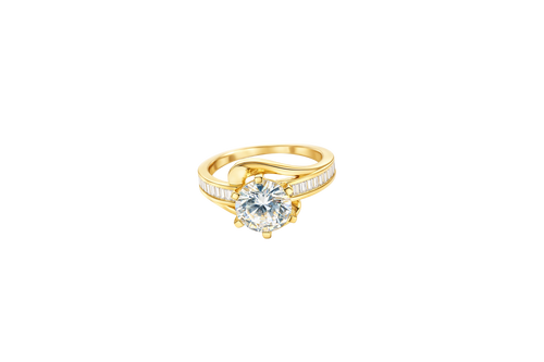 14KT Women's Gold Ring Round White CZ Center Stone and Single Row White CZ Baguettes with "S" Band