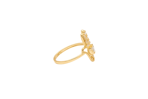 14KT Gold Ring Women's Hansa Hand White Round Center CZ Stone with 3 White CZ Stones on 3 Fingers and Plain Band