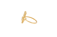 14KT Gold Ring Women's Hansa Hand White Round Center CZ Stone with 3 White CZ Stones on 3 Fingers and Plain Band