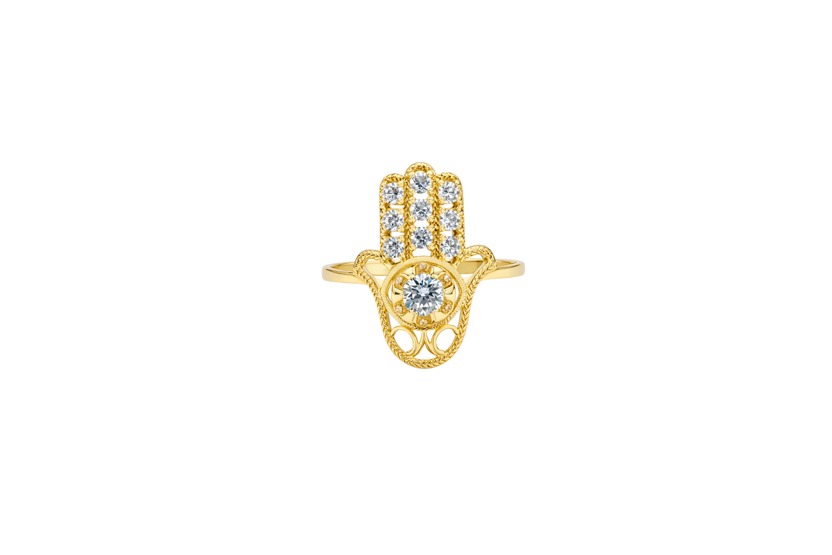 14KT Gold Ring Women's Hansa Hand White Round Center CZ Stone with 3 White CZ Stones on 3 Fingers and Plain Band