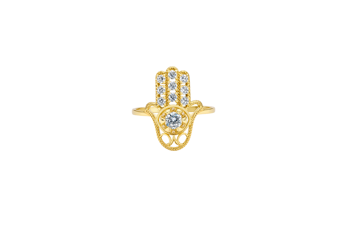 14KT Gold Ring Women's Hansa Hand White Round Center CZ Stone with 3 White CZ Stones on 3 Fingers and Plain Band