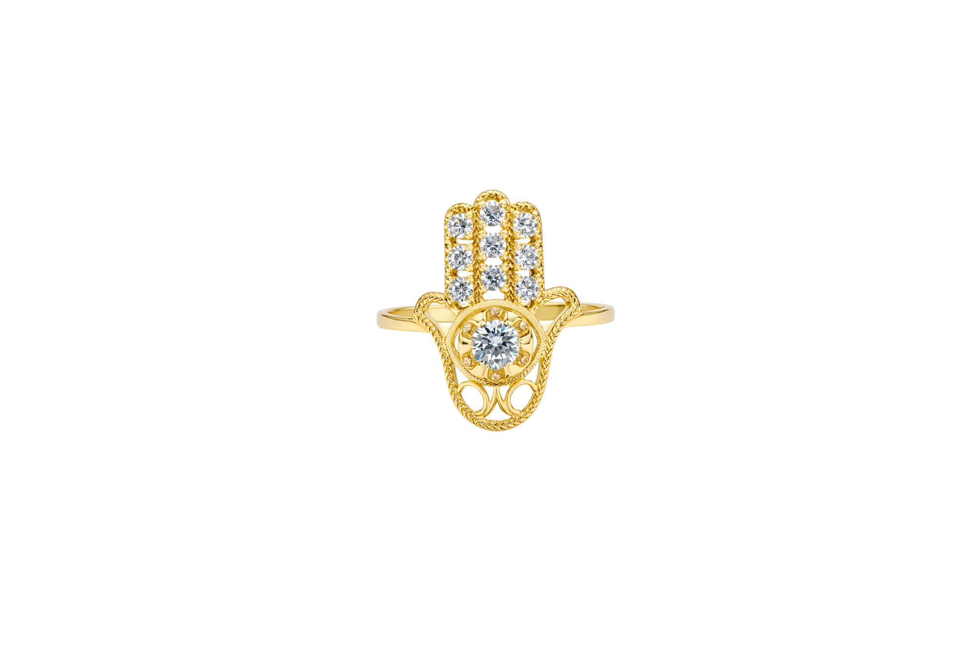 14KT Gold Ring Women's Hansa Hand White Round Center CZ Stone with 3 White CZ Stones on 3 Fingers and Plain Band