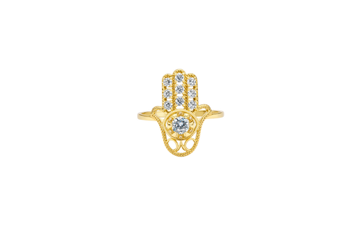 14KT Gold Ring Women's Hansa Hand White Round Center CZ Stone with 3 White CZ Stones on 3 Fingers and Plain Band