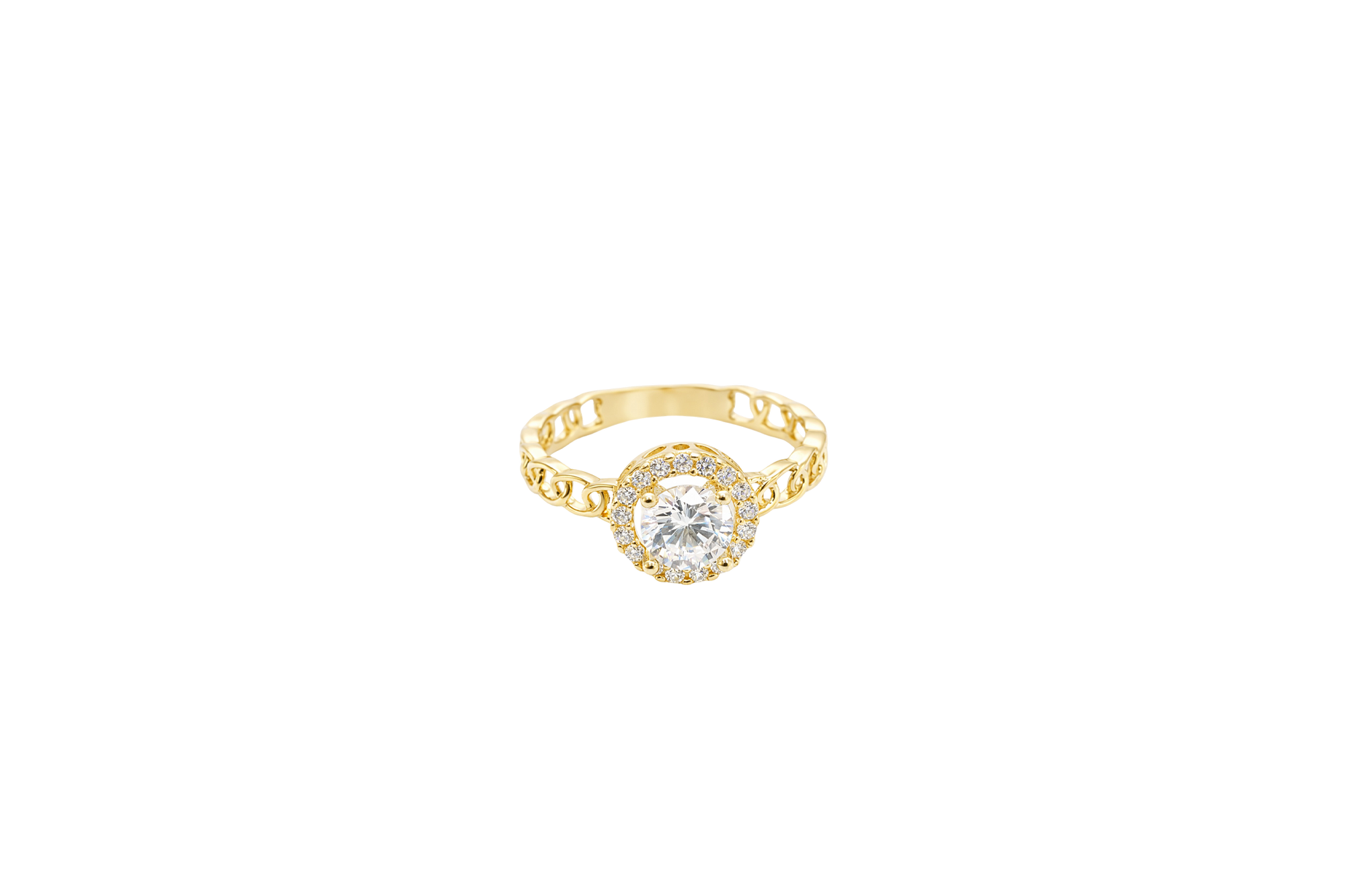 14KT Gold Ring Women's Round White Center Stone with White CZ Stone Border Chino Band