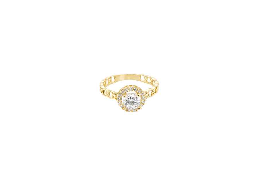 14KT Gold Ring Women's Round White Center Stone with White CZ Stone Border Chino Band