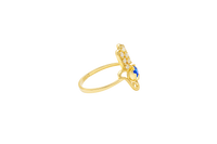 14KT Gold Ring Women's Hand Navy Blue Round Center CZ Stone with 3 White CZ Stones on 3 Fingers and Plain Band