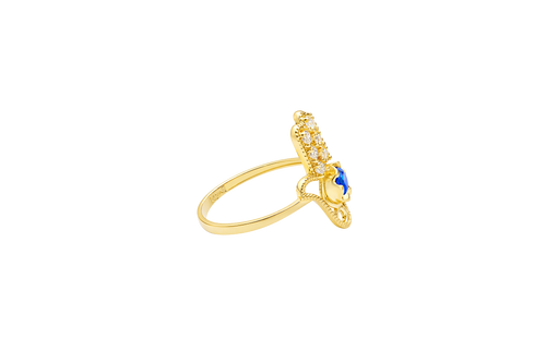 14KT Gold Ring Women's Hand Navy Blue Round Center CZ Stone with 3 White CZ Stones on 3 Fingers and Plain Band