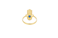 14KT Gold Ring Women's Hand Navy Blue Round Center CZ Stone with 3 White CZ Stones on 3 Fingers and Plain Band