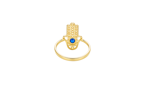 14KT Gold Ring Women's Hand Navy Blue Round Center CZ Stone with 3 White CZ Stones on 3 Fingers and Plain Band