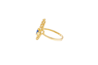 14KT Gold Ring Women's Hand Navy Blue Round Center CZ Stone with 3 White CZ Stones on 3 Fingers and Plain Band
