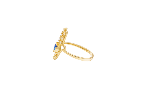 14KT Gold Ring Women's Hand Navy Blue Round Center CZ Stone with 3 White CZ Stones on 3 Fingers and Plain Band