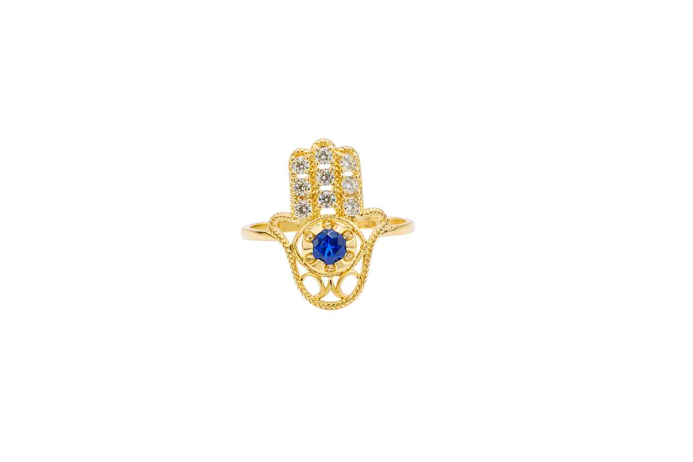 14KT Gold Ring Women's Hand Navy Blue Round Center CZ Stone with 3 White CZ Stones on 3 Fingers and Plain Band