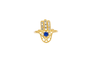 14KT Gold Ring Women's Hand Navy Blue Round Center CZ Stone with 3 White CZ Stones on 3 Fingers and Plain Band