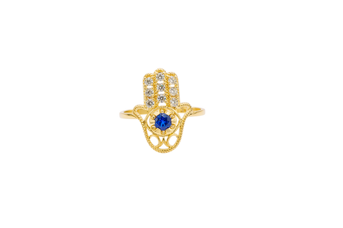 14KT Gold Ring Women's Hand Navy Blue Round Center CZ Stone with 3 White CZ Stones on 3 Fingers and Plain Band