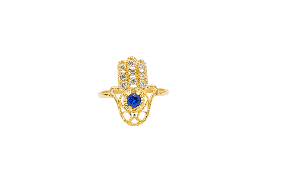 14KT Gold Ring Women's Hand Navy Blue Round Center CZ Stone with 3 White CZ Stones on 3 Fingers and Plain Band