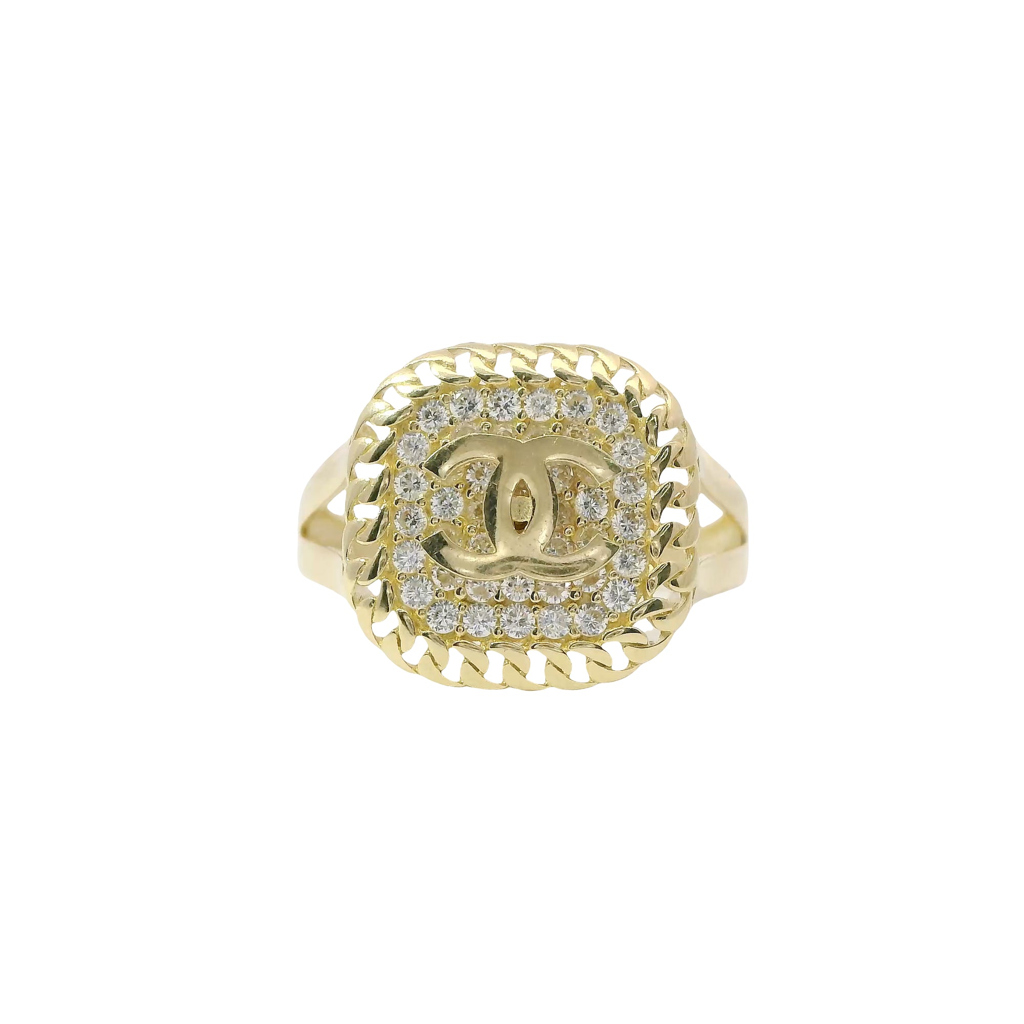 14KT Gold Ring Women's Square Plain CC Center with White CZ Stone Background and Chain Link Border with Plain Split Band