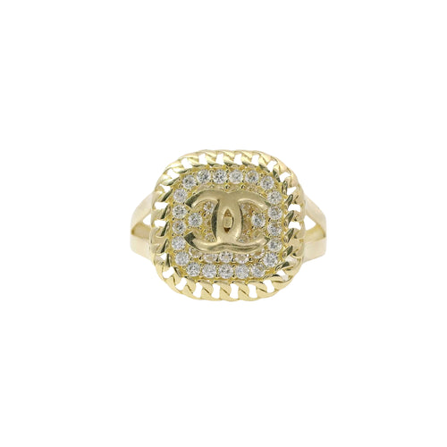14KT Gold Ring Women's Square Plain CC Center with White CZ Stone Background and Chain Link Border with Plain Split Band