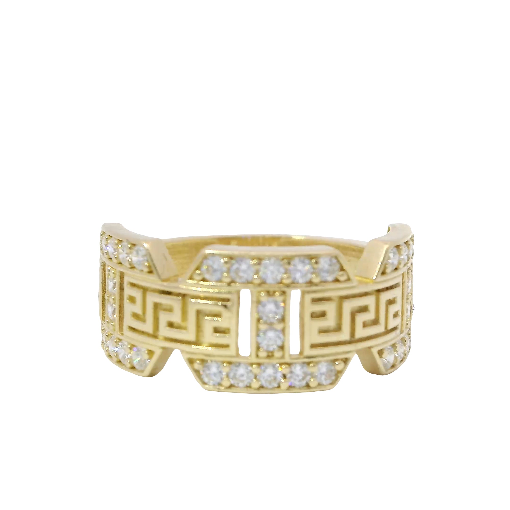 14KT Gold Ring Women's Jumbo White CZ Stones Mariner Link with Plain Greek Center Band