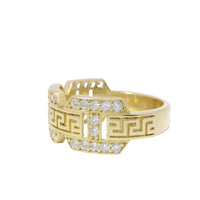 14KT Gold Ring Women's Jumbo White CZ Stones Mariner Link with Plain Greek Center Band