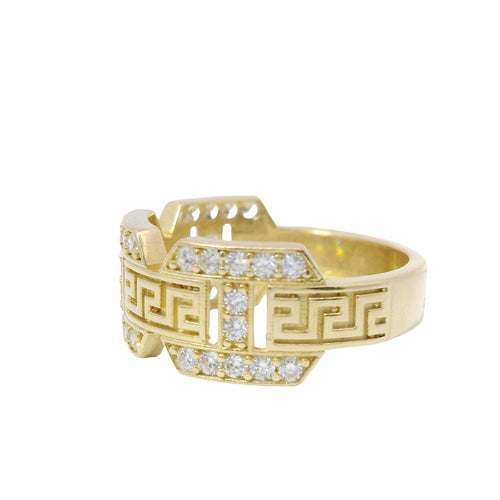 14KT Gold Ring Women's Jumbo White CZ Stones Mariner Link with Plain Greek Center Band