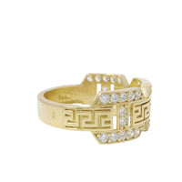 14KT Gold Ring Women's Jumbo White CZ Stones Mariner Link with Plain Greek Center Band