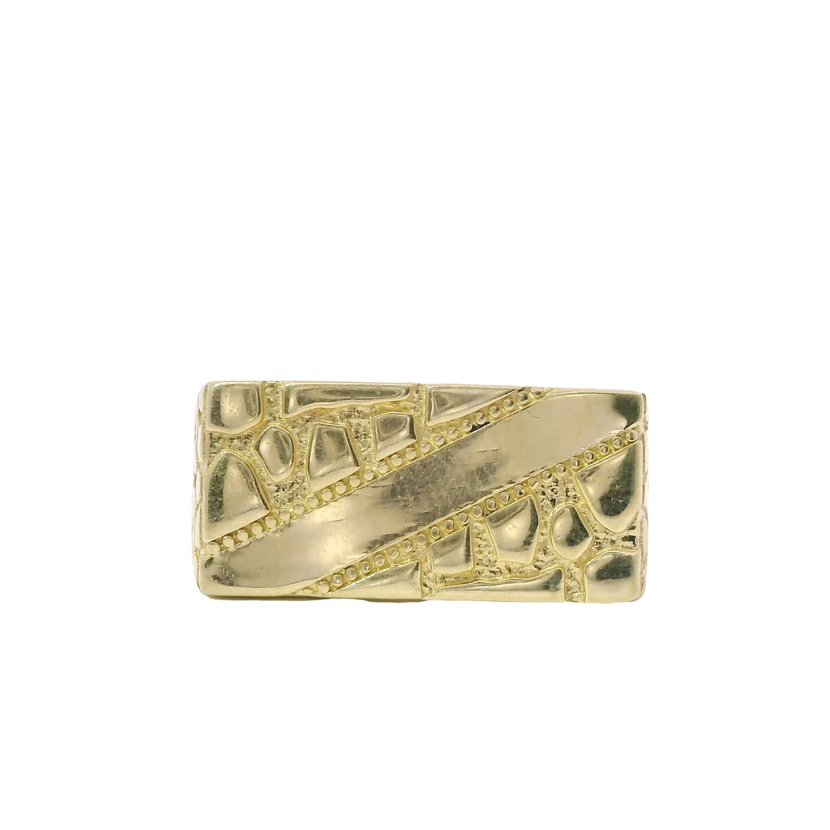 14KT Gold Ring Men's Rectangle Nugget with Engravable Diagonal Plain Stripe Center Line Dotted Borders Center and Nugget Band