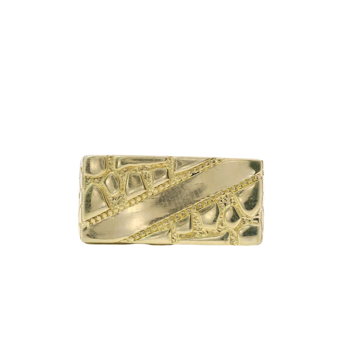 14KT Gold Ring Men's Rectangle Nugget with Engravable Diagonal Plain Stripe Center Line Dotted Borders Center and Nugget Band