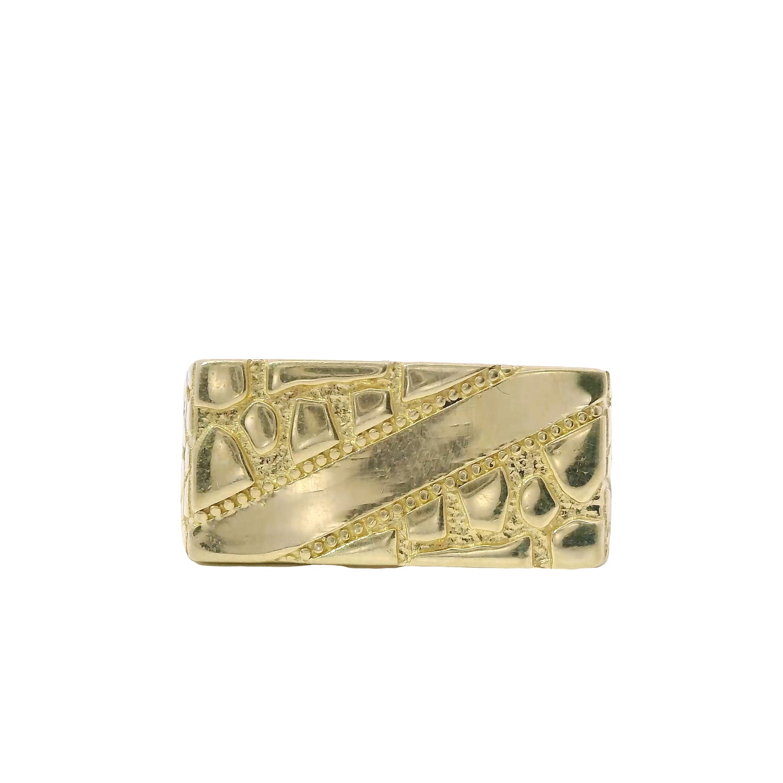 14KT Gold Ring Men's Rectangle Nugget with Engravable Diagonal Plain Stripe Center Line Dotted Borders Center and Nugget Band
