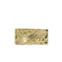 14KT Gold Ring Men's Rectangle Nugget with Engravable Diagonal Plain Stripe Center Line Dotted Borders Center and Nugget Band