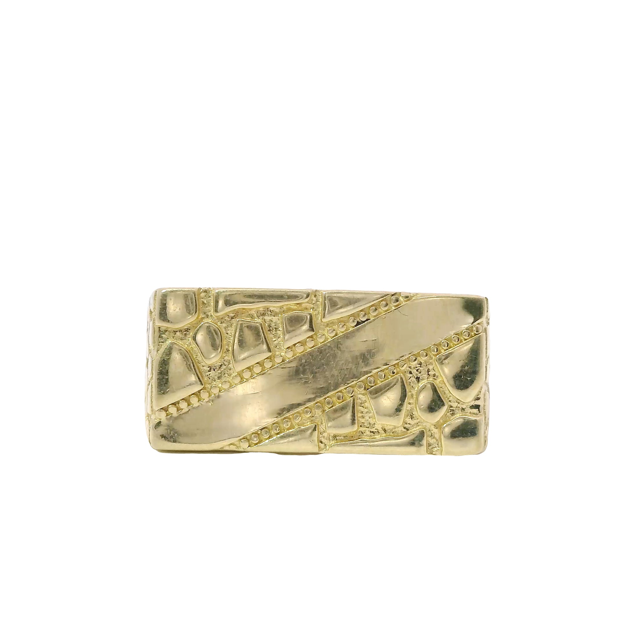 14KT Gold Ring Men's Rectangle Nugget with Engravable Diagonal Plain Stripe Center Line Dotted Borders Center and Nugget Band