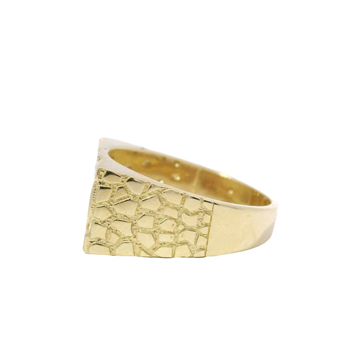 14KT Gold Ring Men's Rectangle Nugget with Engravable Diagonal Plain Stripe Center Line Dotted Borders Center and Nugget Band