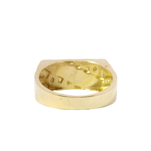 14KT Gold Ring Men's Rectangle Nugget with Engravable Diagonal Plain Stripe Center Line Dotted Borders Center and Nugget Band