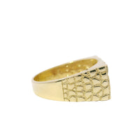 14KT Gold Ring Men's Rectangle Nugget with Engravable Diagonal Plain Stripe Center Line Dotted Borders Center and Nugget Band