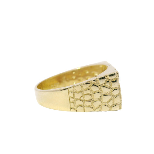 14KT Gold Ring Men's Rectangle Nugget with Engravable Diagonal Plain Stripe Center Line Dotted Borders Center and Nugget Band